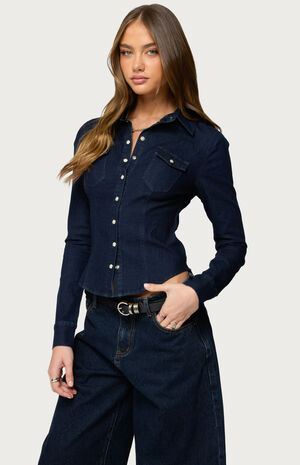 Shylo Stretchy Denim Button Up Shirt image number 2