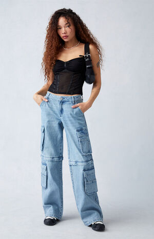Light Indigo Zip Off Low Rise Baggy Cargo Jeans image number 1