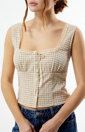 Plaid Button Up Lace Trim Top image number 3