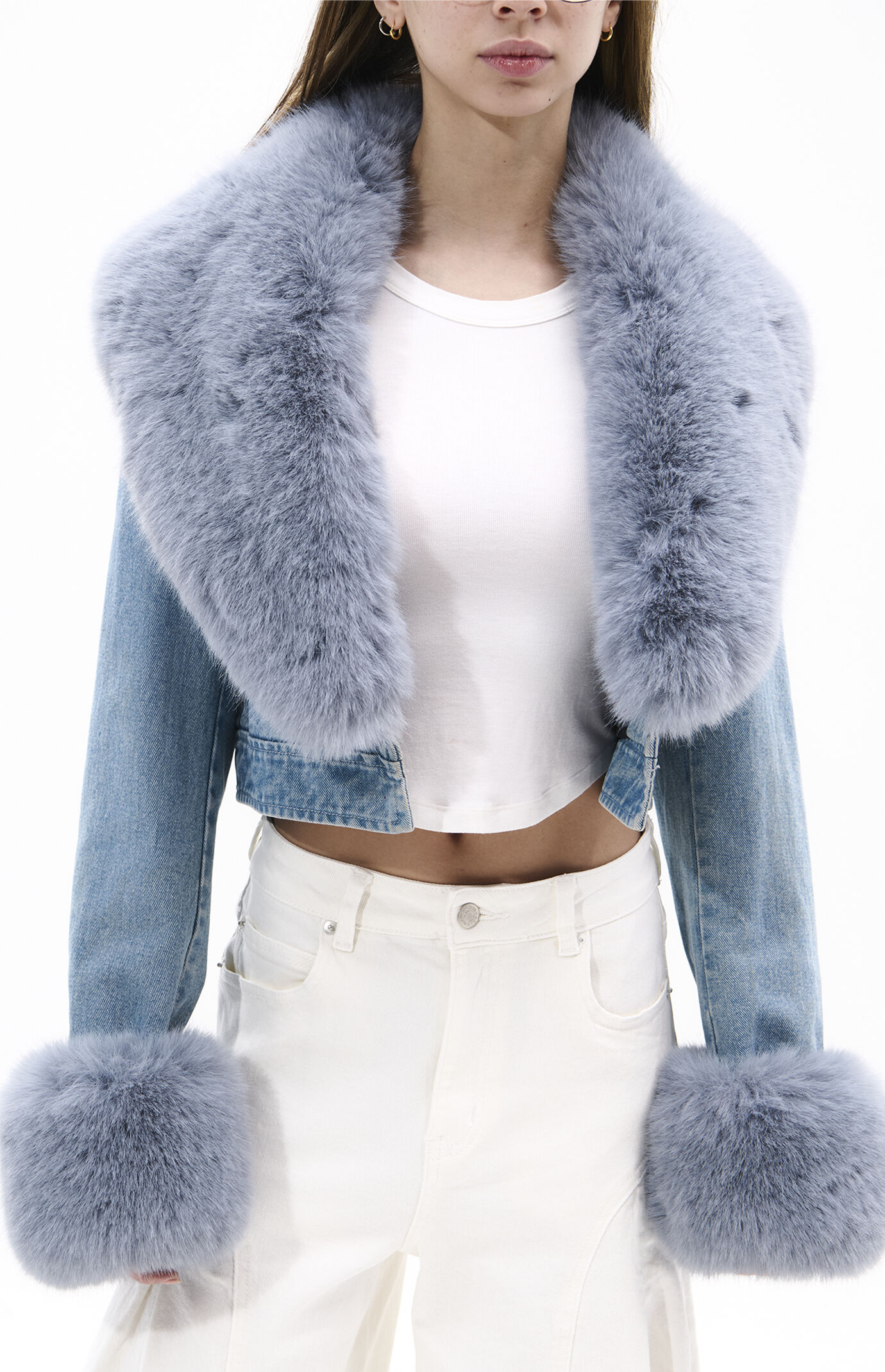 AZALEA WANG Gisele Denim Faux Fur Jacket