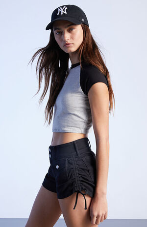 Black Cinched Stretch Low Rise Denim Shorts image number 1