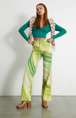 Green Tie Dye Ultra High Waisted Flare Pants image number 1