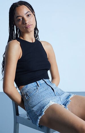 Eco Light Blue Sparkle Ripped Vintage High Waisted Denim Shorts image number 1