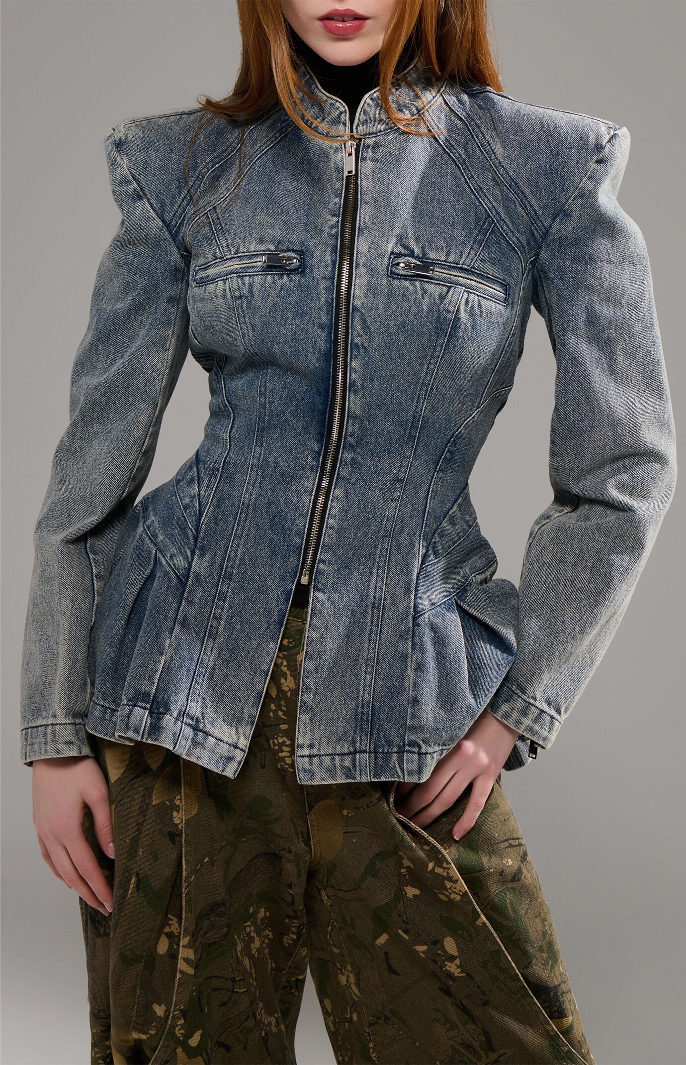 AZALEA WANG Virelle Structured Zip Up Denim Jacket