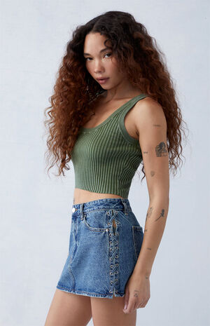 Eco Medium Indigo Lace-Up Low Rise Denim Mini Skirt image number 2