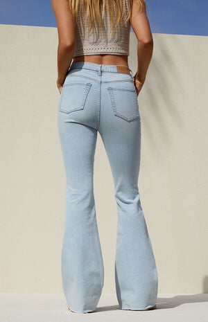 Light Blue Button Stretch High Waisted Flare Jeans image number 6