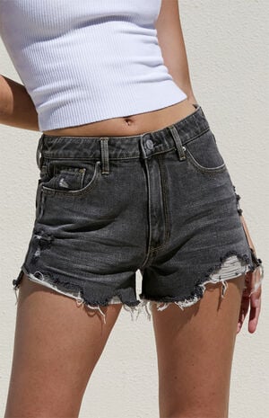 Faded Black Ripped High Waisted Denim Festival Shorts image number 2