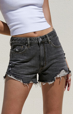 Faded Black Ripped High Waisted Denim Festival Shorts image number 2