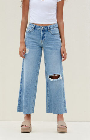 Medium Indigo Ripped Cropped Wide Leg Jeans image number 2