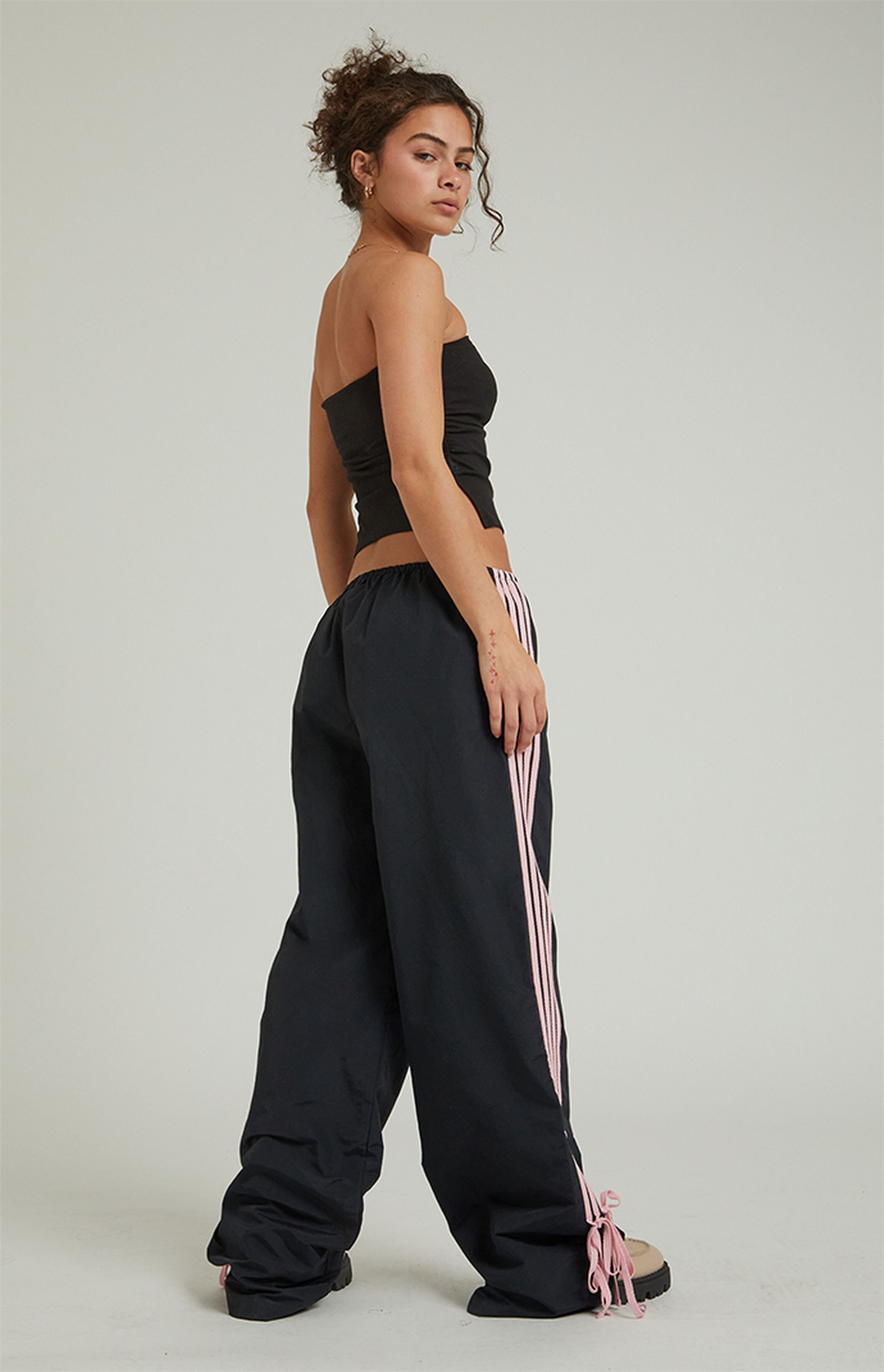 Black Wide Leg Track Pants With Drawstring Waist