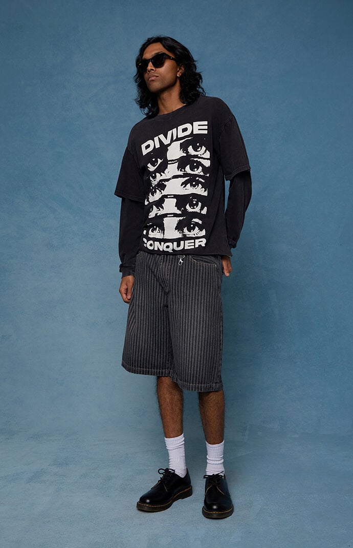 Pacsun Austin Extreme Baggy Jean Shorts Pinstripe Washed Black