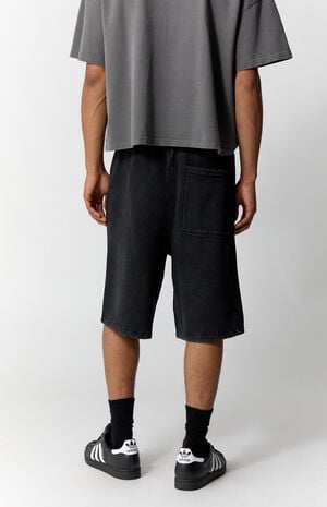 Washed Black Fleece Graphic Baggy Sweat Shorts image number 4