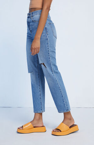 Eco Medium Blue Ripped High Waisted Straight Leg Jeans image number 3