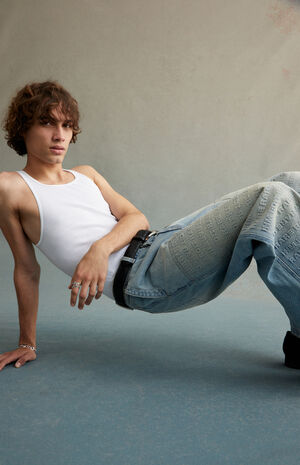 Light Indigo Embossed Baggy Carpenter Jeans image number 5