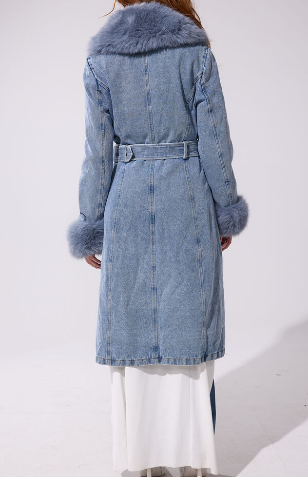 AZALEA WANG Kaya Denim Faux Fur Trench Coat