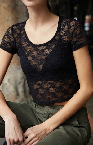 Black Lace Short Sleeve T-Shirt image number 2