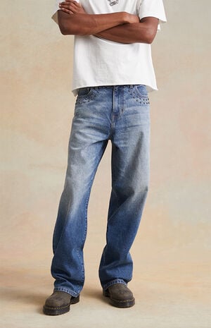 Medium Indigo Rhinestone Studded Baggy Jeans image number 2