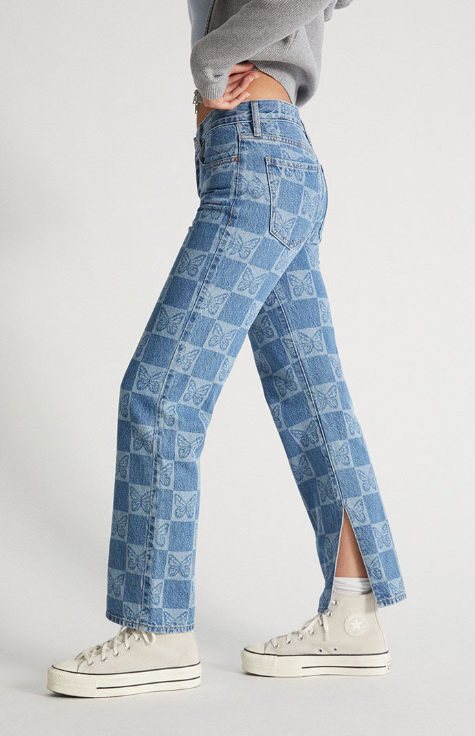 Womens Clothing Jeans Bootcut jeans Blue Zaful Denim Checkerboard Floral Print Boot Cut Jeans in Deep Blue 