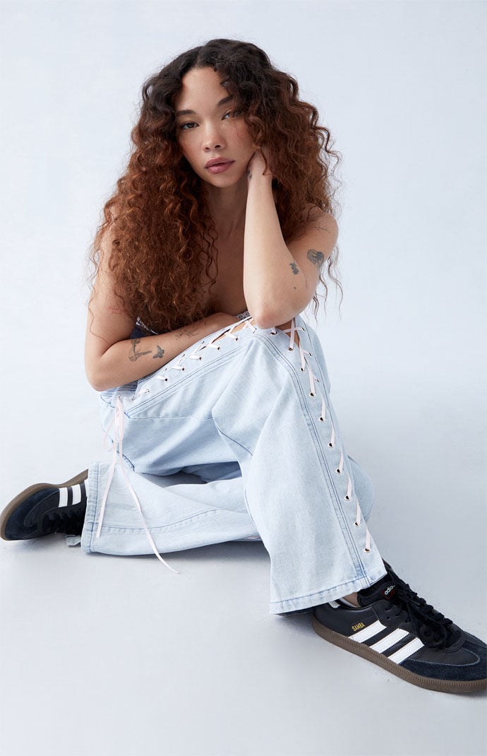 Pacsun Light Indigo Bow Ribbon Lace Up Low Rise Baggy Jeans