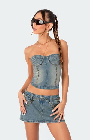 Studded Washed Denim Lace-Up Corset image number 1