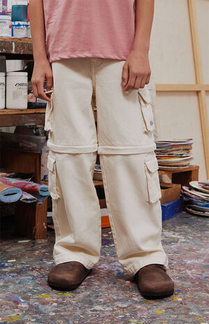 Cream Zip Off Baggy Cargo Jeans image number 1