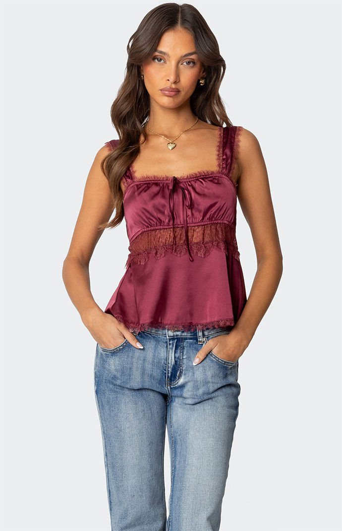 Edikted Loryn Lacey Satin Effect Top | PacSun