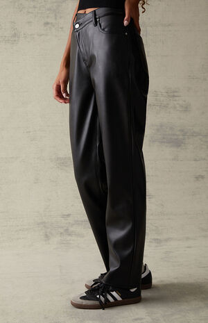 Black Faux Leather Asymmetrical Dad Pants image number 3