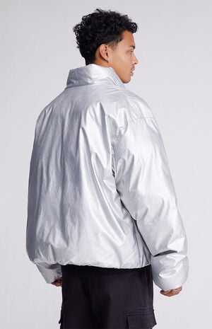Silver Oversized Pleather Puffer Jacket image number 3