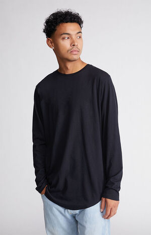 Black Basic Solid Scallop Long Sleeve T-Shirt image number 1
