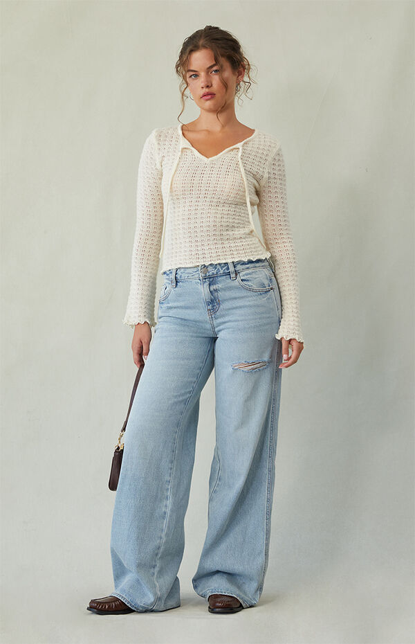 Pacsun Casey Low Rise Baggy Jeans Ripped Slit Light Indigo