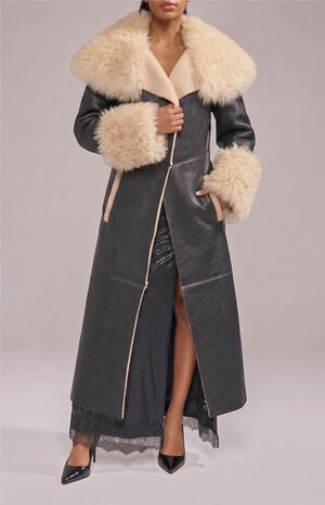Fluffy Black Faux Fur Trench Coat image number 2