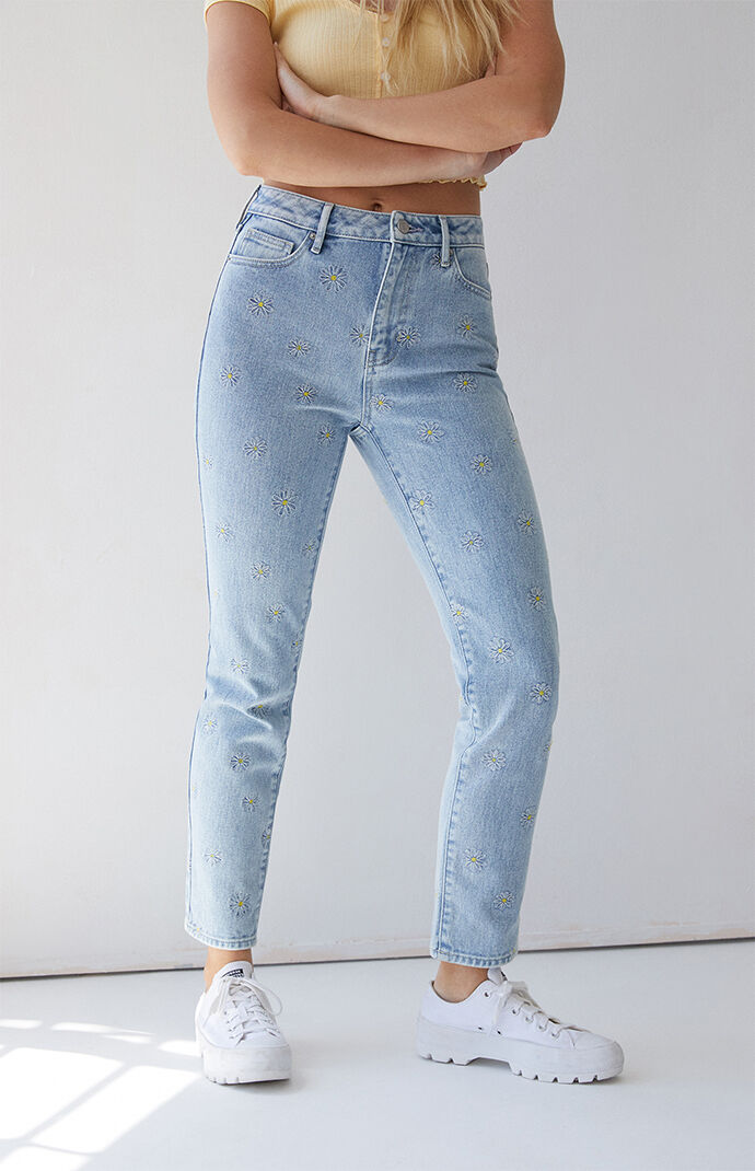 Daisy Embroidered Mom Jeans