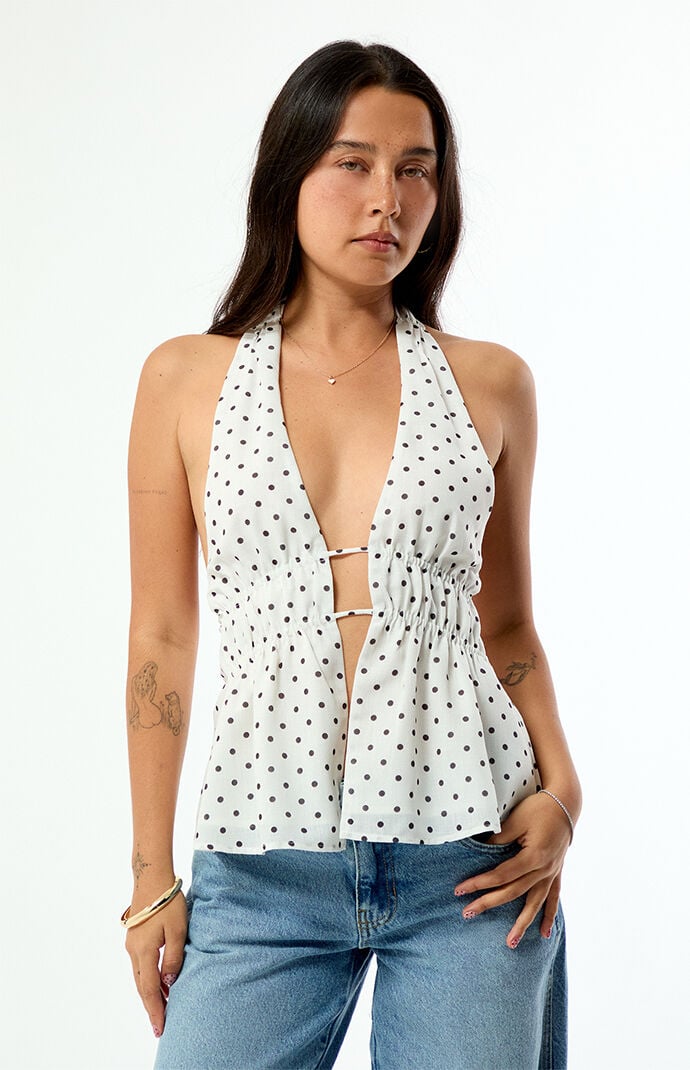 Beverly and Beck Bianca Polka Dot Linen Halter Top