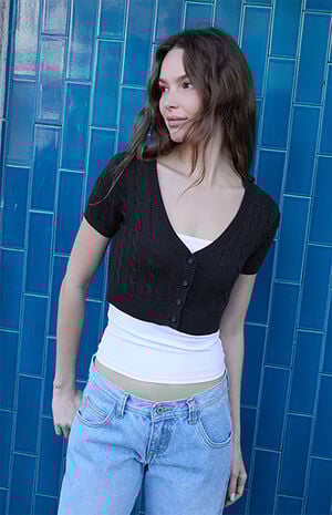 Brown Cable Knit Short Sleeve Cropped Cardigan image number 1