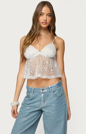 Sheer Sequin Babydoll Tank Top image number 1