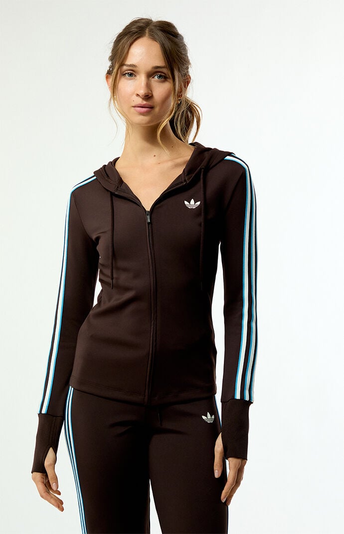 adidas Brown Trefoil 3-Stripe Zip Up Hoodie