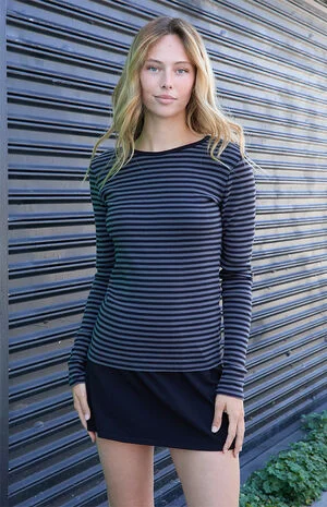Black & Gray Leah Striped Long Sleeve Top image number 1