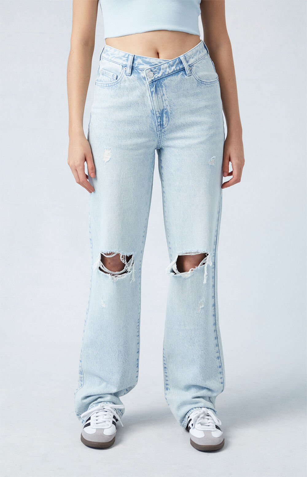 PacSun Eco Light Blue Ripped Asymmetrical Waistband Boyfriend Jeans | PacSun