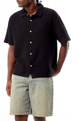 Black Cropped Boxy Gauze Camp Shirt image number 2
