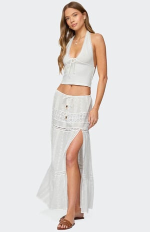 Embroidered Cotton Lace Slit Maxi Skirt image number 3