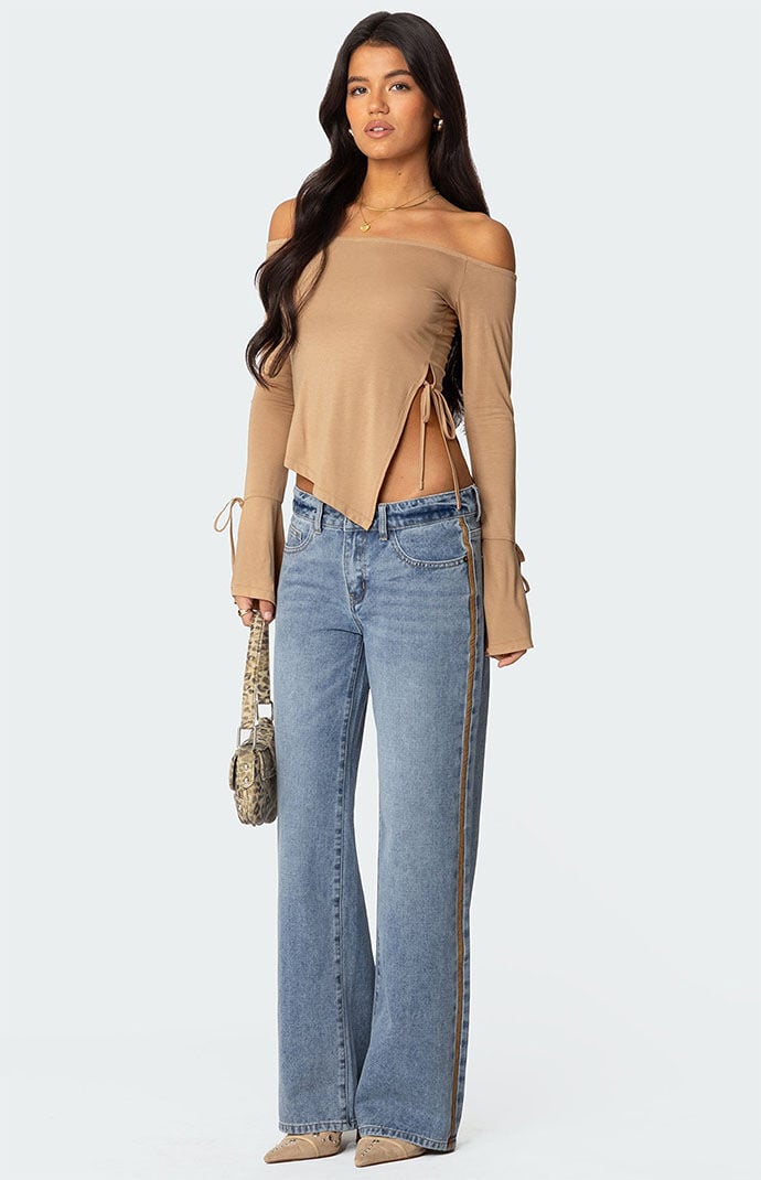 Edikted Faux Suede Stripe Low Rise Jeans