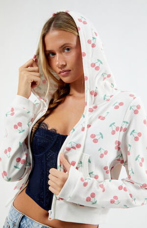 Cherry Print Full Zip Cropped Hoodie image number 1