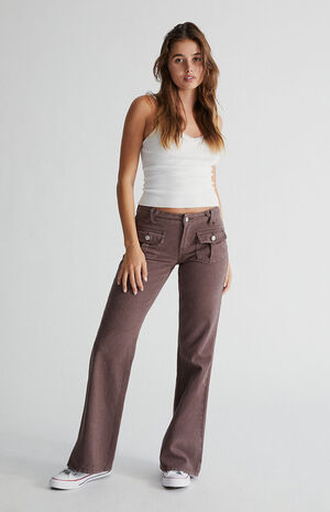 Brown Low Rise Cargo Flare Jeans image number 1