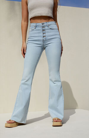 Light Blue Button Stretch High Waisted Flare Jeans image number 4