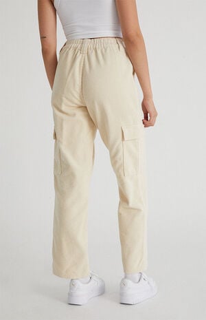 Off White Corduroy Cargo Elastic Waist Pants image number 4
