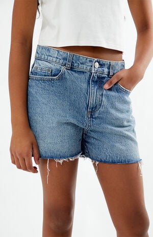 Stretch Medium Indigo Raw Cut Denim Shorts