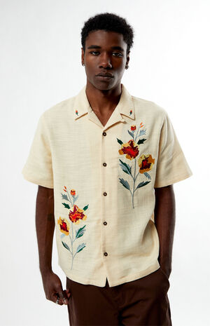Tan Embroidered Oversized Resort Camp Shirt image number 1