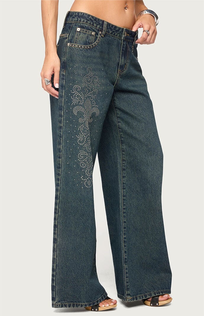 Edikted Rhinestone Graphic Low Rise Baggy Jeans | Pacsun