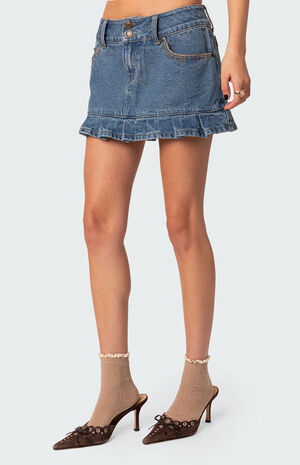 Pleated Hem Washed Denim Mini Skirt image number 4