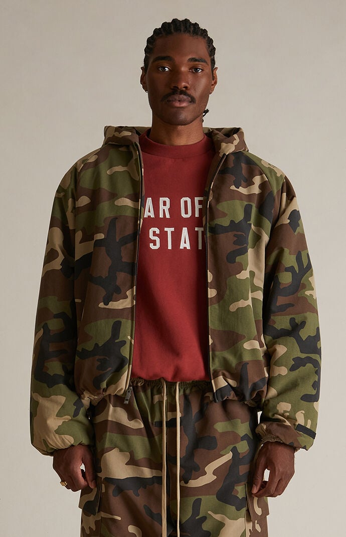 Fear of God Essentials Woodland Camo Military Hooded Jacket PacSun